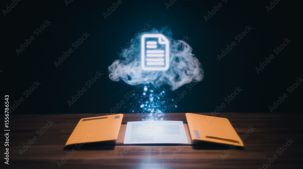 Poster data storage and digital documentation: a cloud of digital data emanating from an open folder, symbo