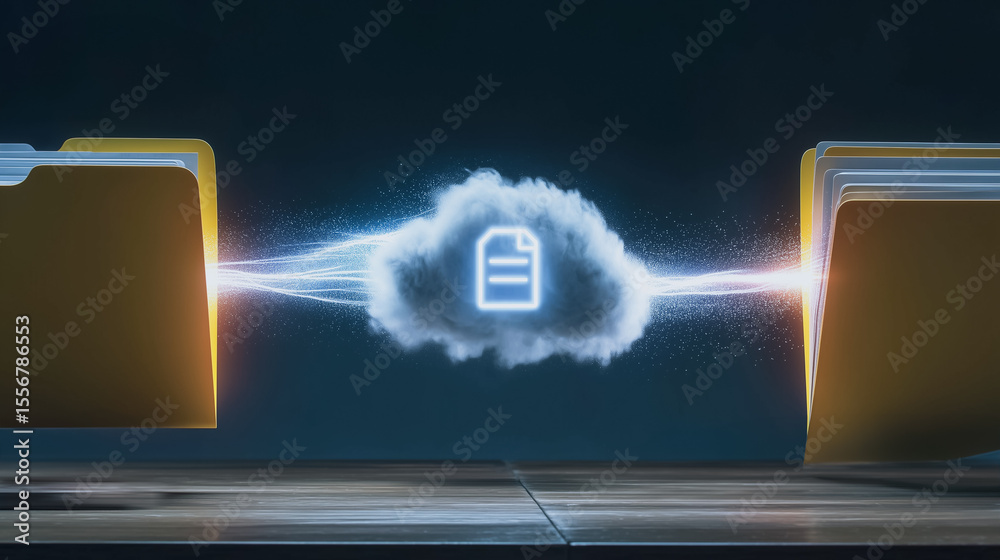Poster cloud data sharing: a dynamic visualization of cloud technology, showcasing a data file being seamle
