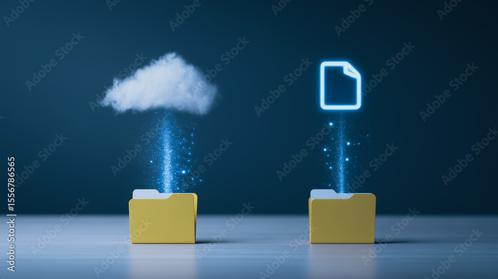 Poster cloud data transfer: secure file transfer and cloud storage, represented by a glowing document icon 