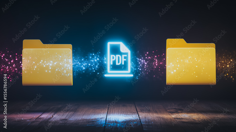 Poster data transfer visualization: a digital pdf file streams seamlessly between two folders in a glowing 