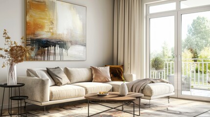 Living room with modern art and neutral-colored walls stock photo --ar 16:9 --raw --v 6 Job ID: b172ffd6-4f87-489d-bebb-981b890a6162