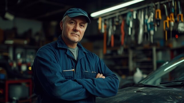 A middle-aged European male mechanic poses confidently in a workshop, showcasing his skills and dedication. The background features various tools and equipment.