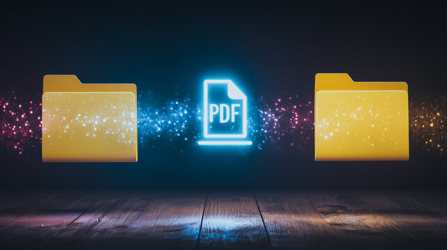 Data Transfer Visualization: A digital PDF file streams seamlessly between two folders in a glowing display, a concept of digital information exchange and data processing.