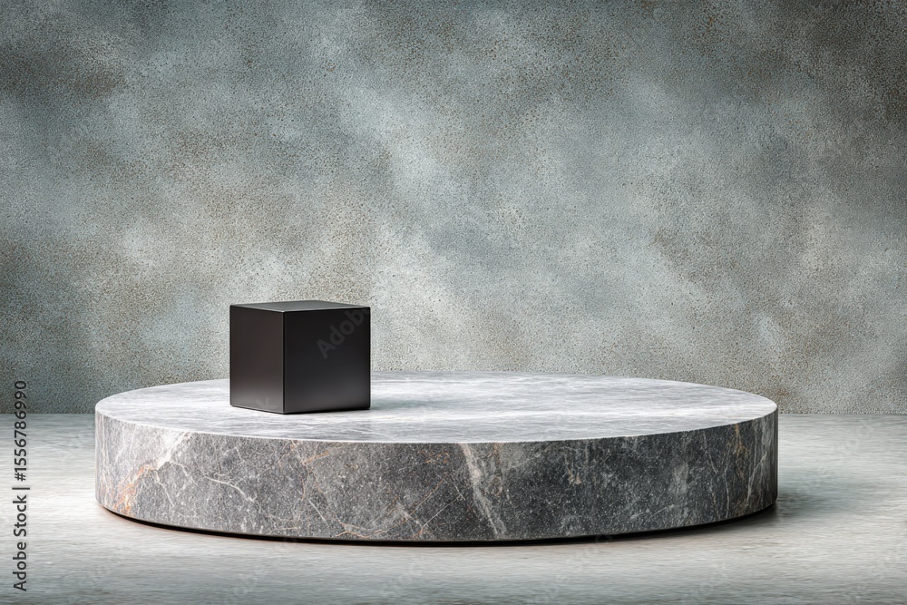 Poster elegant minimalist display with black cube on circular marble pedestal against grey background for m