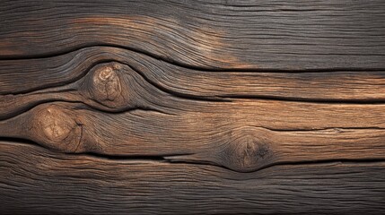 Naklejka premium Close-up of weathered wooden surface with visible grains knotholes and textured natural dark brown rustic planks background