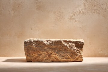 Large Rough Natural Stone Block With Irregular Surface Placed on Wooden Floor Against Textured Beige Wall Background