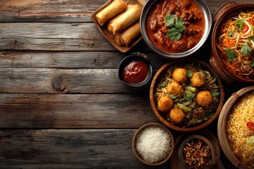 Assorted Indian Cuisine in Traditional Bowls on Rustic Wooden Table with Curry Rice and Deep-Fried Snacks for Cultural Culinary Dining Experience
