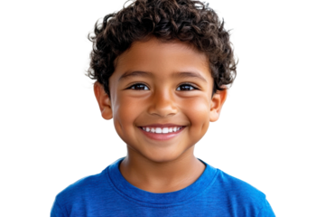 Happy young boy smiling brightly with curly hair and blue shirt against a plain background, radiating joy and innocence in a portrait setting