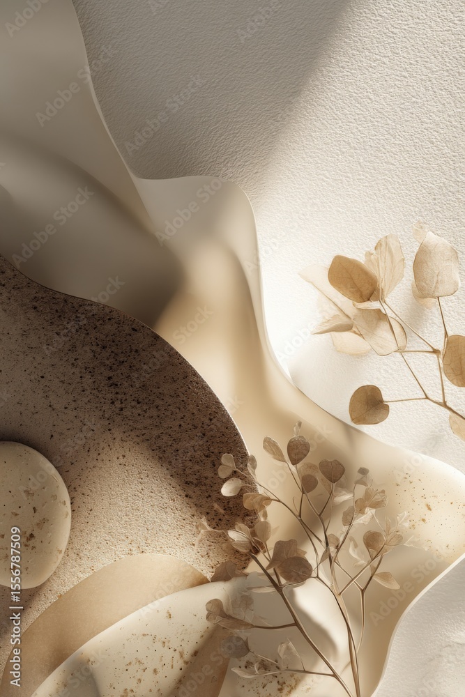 Poster Abstract minimalist composition with textured surfaces smooth flowing fabric and dried leaves creating soft shadows in neutral tones for interior design
