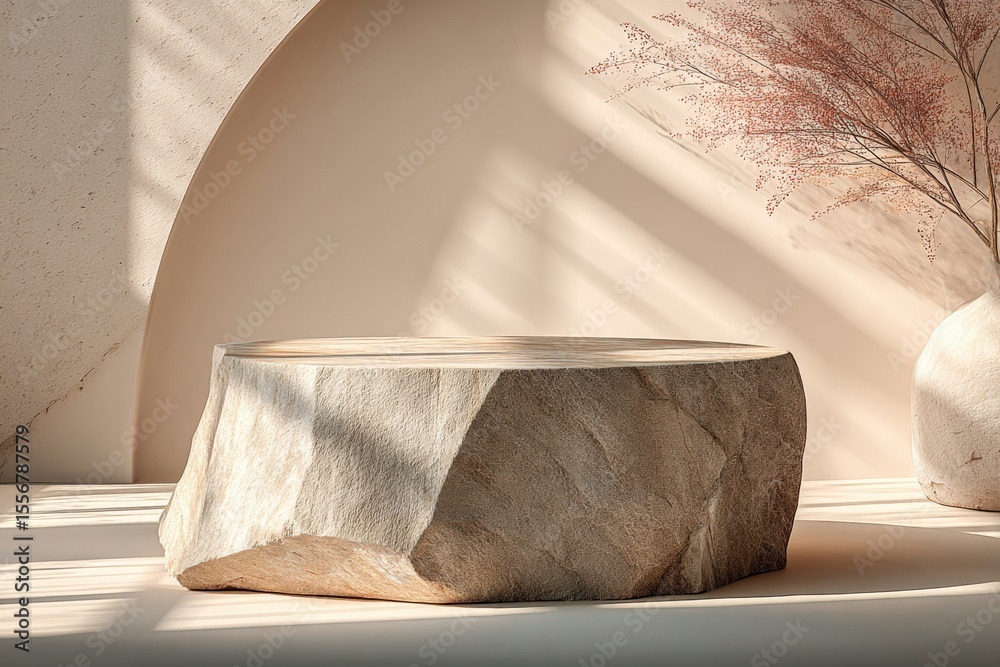 Poster elegant minimalist interior scene featu a large irregular stone sculpture on a white surface with so