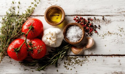 Fresh ripe tomatoes with herbs garlic salt pepper and olive oil on rustic white wooden background for cooking or preparation