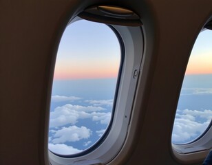 Fototapeta premium the image shows an airplane cabin with a view from the window to the outside, through the window, you can see the sky above and clouds below, in the distance