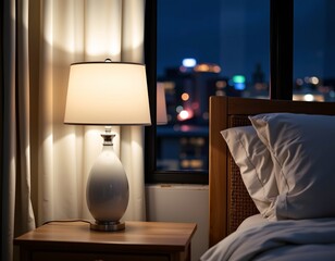 the image captures a serene nighttime setting, in the center of the frame, theres a nightstand with a white lamp shade that casts a warm glow, the lamp is switched on