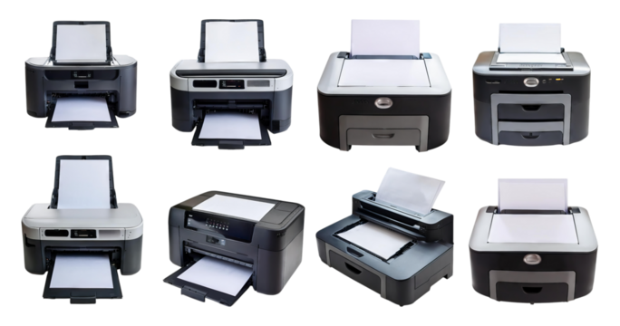 Diverse Range of Printers Producing Quality Prints in Office Setup, isolated on transparent background