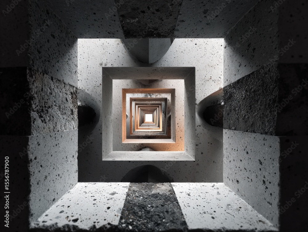 Poster architectural perspective shot of a modern geometric concrete staircase with square openings and dee