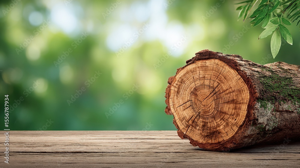 Aufkleber Natural Wooden Log with Visible Growth s and Bark Resting on a Rustic Wooden Surface in a Bright Green Outdoors Setting with Blurred Forest Background