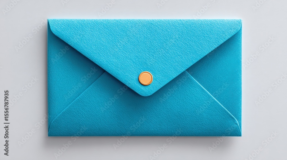 Poster Elegant blue envelope with a circular metallic clasp on a light gray background perfect for invitations and greetings