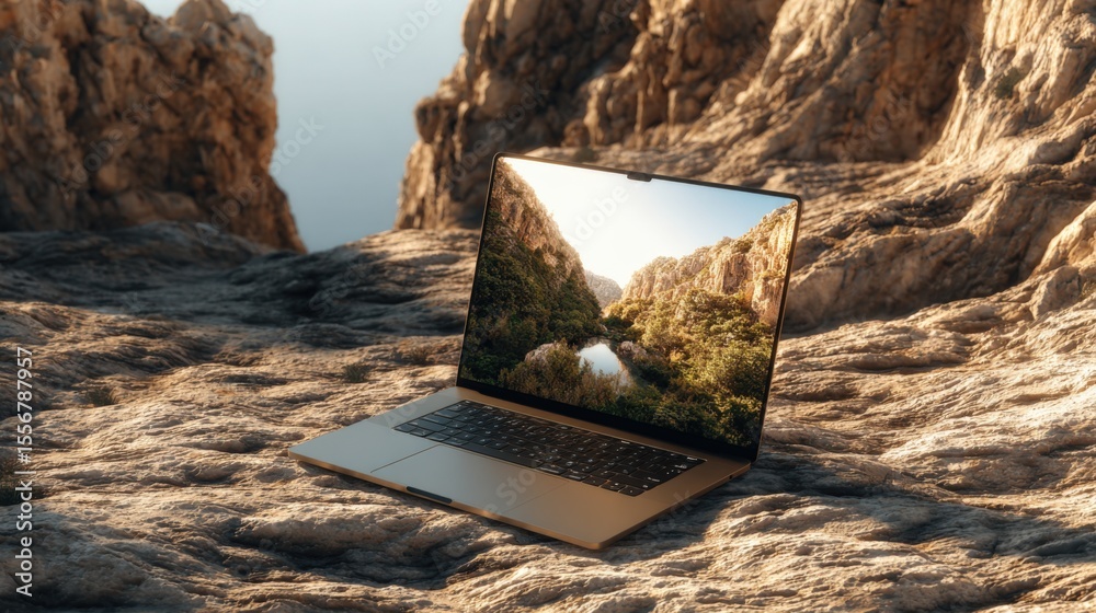 Poster modern slim laptop open on rocky terrain near waterfall with mountain cliffs and lush greenery under