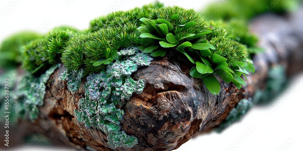 Aufkleber close-up of vibrant green succulent and moss growing on a weathered tree trunk with blurred backgrou