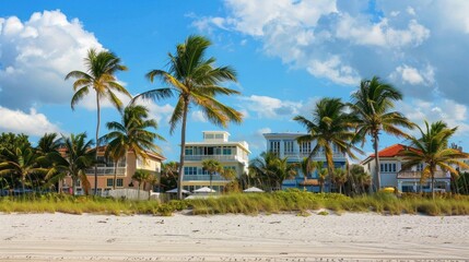 Naklejka premium Miami beach homes with palm trees and white sand beaches stock photo --ar 16:9 --raw --v 6 Job ID: 853c7fd3-cbaf-41b0-af74-ea1b0093eb96