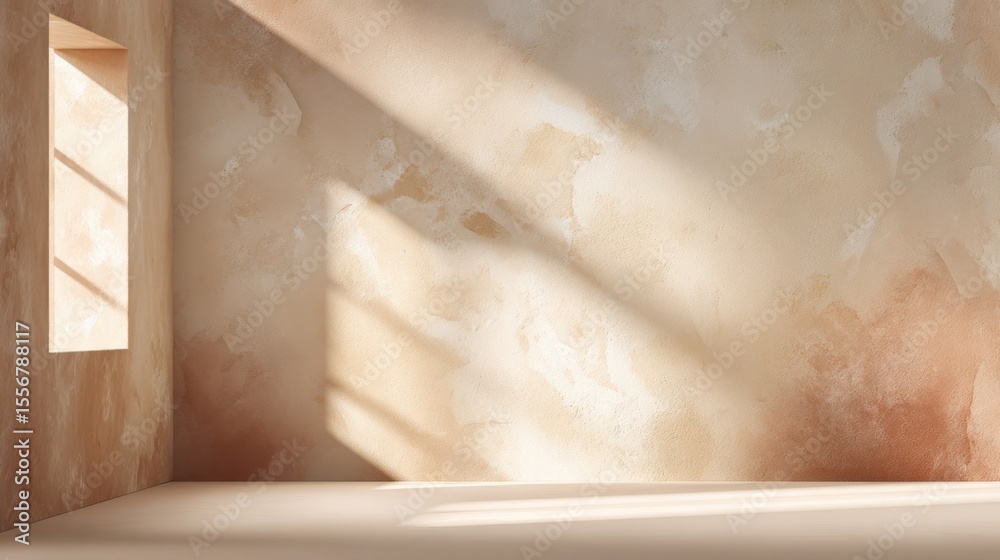 Poster bright sunlight filte through window illuminates rustic plaster wall in cozy room with soft shadows 