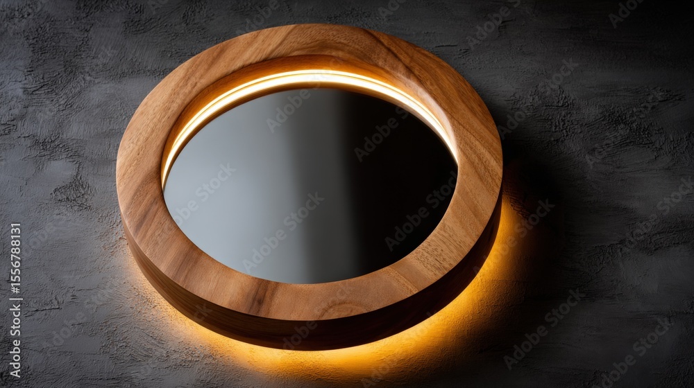 Poster Modern round mirror with built-in LED lighting illuminating the wooden frame and reflective glass surface on dark textured background