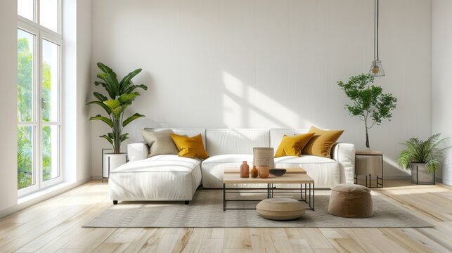 Modern living room with sofa, coffee table, and natural ligh stock photo --ar 16:9 --raw --v 6 Job ID: 80d15b84-0d7f-47e9-9154-ea2cc3610a84