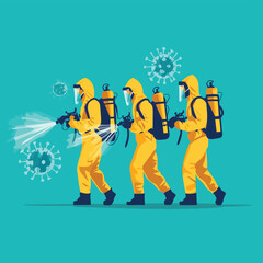 Obraz premium people with protective suit or spraying viruses of covid 19, desinfection virus concept, vector style simple color