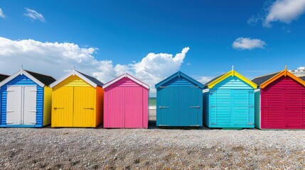 Naklejka premium Brighton beach boxes with bright paint and blue sky stock photo --ar 16:9 --raw --v 6 Job ID: 30167cd0-0b40-4d7d-8158-edb8ea18967f