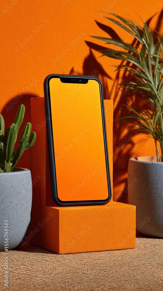 Aufkleber modern smartphone with black frame and vibrant yellow gradient screen placed on an orange block surr
