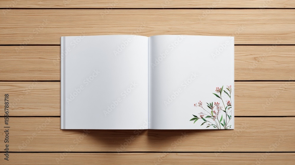 Poster open blank notebook with floral illustrations on white pages lying on wooden surface for creative wr