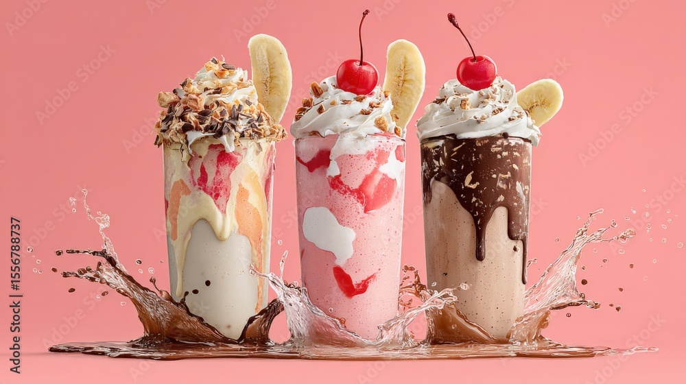 Aufkleber three tall milkshake glasses with colorful whipped cream chocolate and strawberry syrup toppings ban