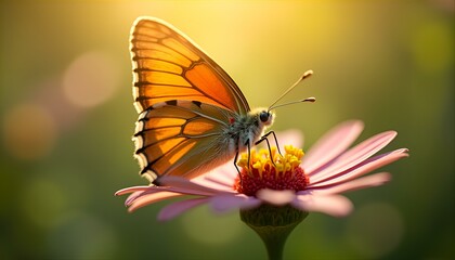 Golden Butterfly Resting on Pink Flower in Warm Sunset Light