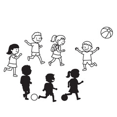 Children playing outdoors joyfully with balls and a ball in a whimsical black and white style