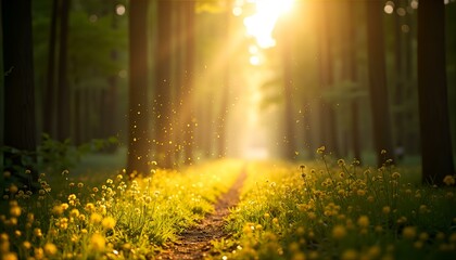 Sunlit Forest Path with Yellow Wildflowers and Bright Sunlight