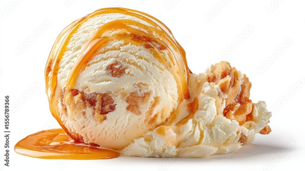 Poster creamy vanilla ice cream scoop with caramel syrup and crunchy nuts on a white background perfect for