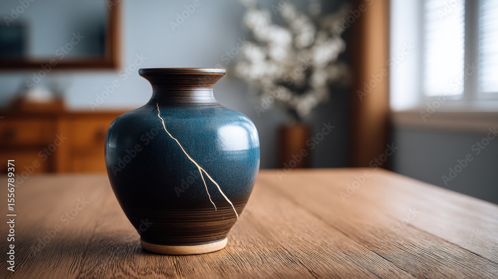 Poster beautiful ceramic vase with a crackle glaze and lightning pattern on a wooden table in a bright room
