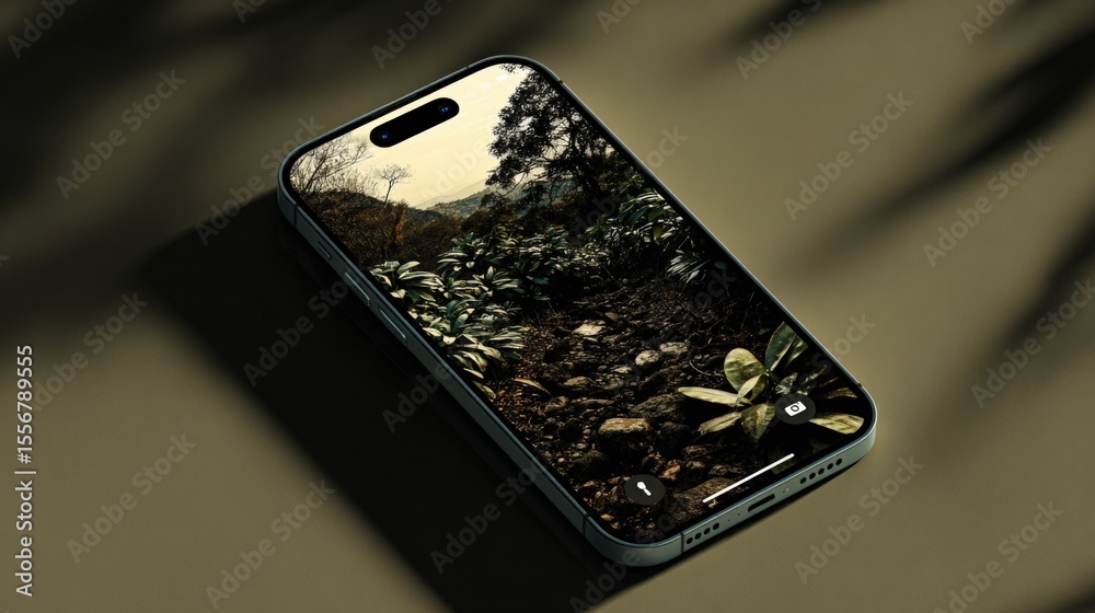 Poster Modern smartphone with large screen displaying nature landscape scene in a dark room with blurred background and sleek design