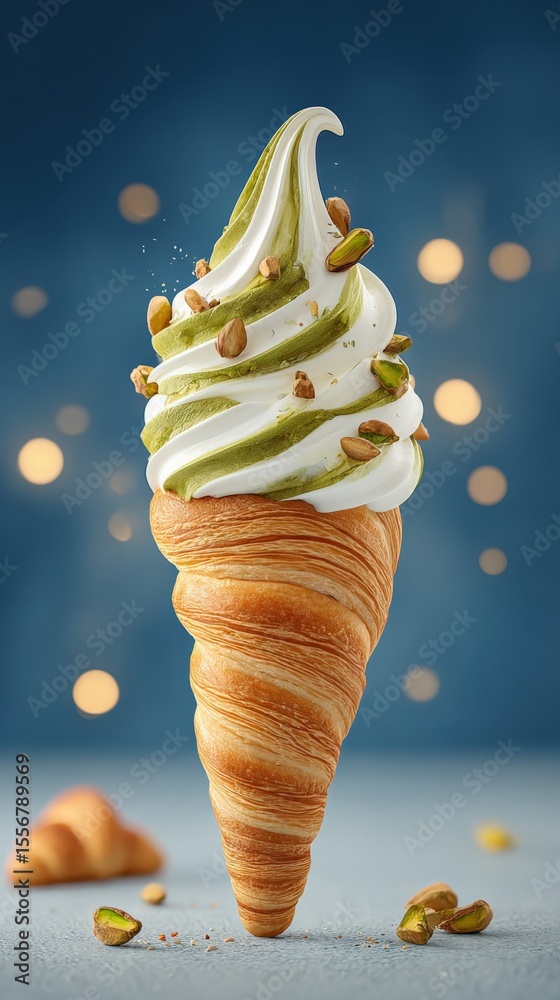 Aufkleber delicious soft serve ice cream cone with green tea flavor topped with chopped pistachios on a blurre