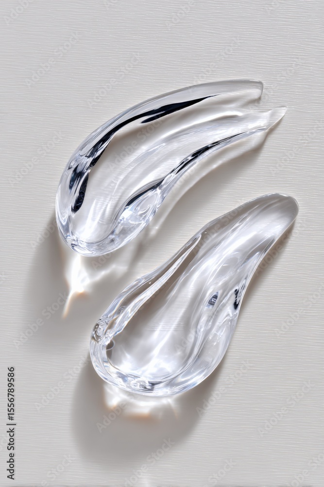 Poster two clear glass tears shaped drops reflecting light on a smooth light grey background with soft shad