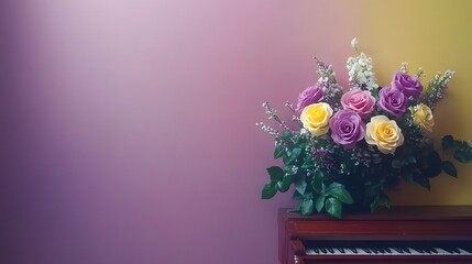 Beautiful Roses Bouquet on Piano Purple Background