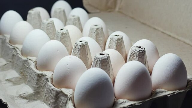 Fresh white eggs arranged neatly in a carton, showcasing their smooth texture and pristine appearance
