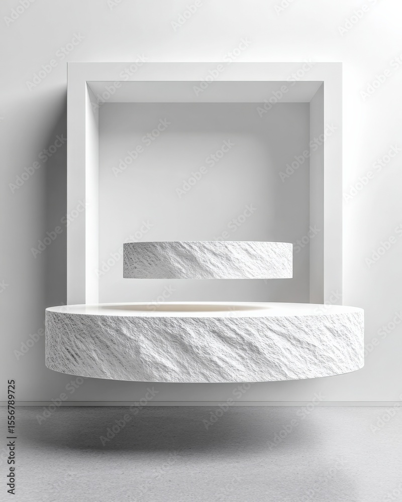 Poster Minimalist white wall shelf with rectangular hollow niche display space and textured semi-circular floating platform in modern interior design