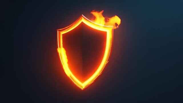 Glowing shield emblem with flames against a dark background, symbolizing protection and strength