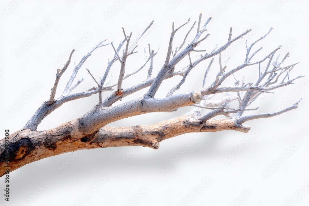 Poster dry leafless tree branch with intricate twigs isolated on a white background for nature, winter, and