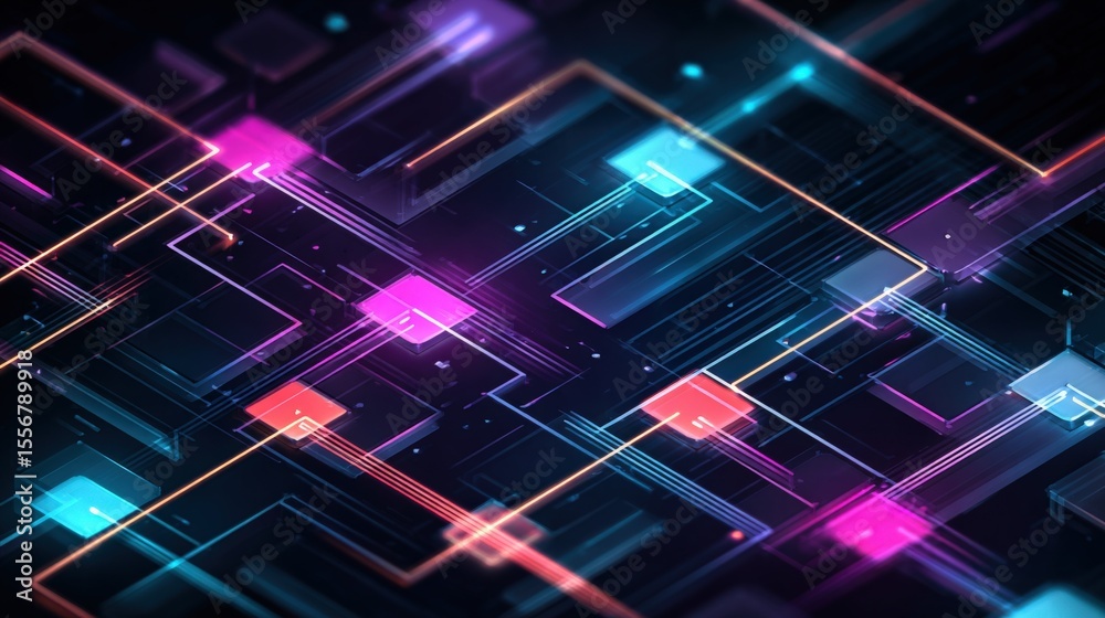 Aufkleber Futuristic Digital Circuit Board Background with Bright Neon Lights and Abstract Technology Elements for Innovation and High Tech Concept Design