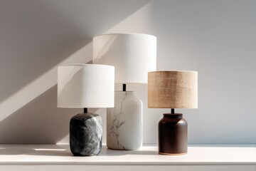 Modern minimalist table lamps with ceramic and marble bases and fabric shades in neutral tones for contemporary home decor