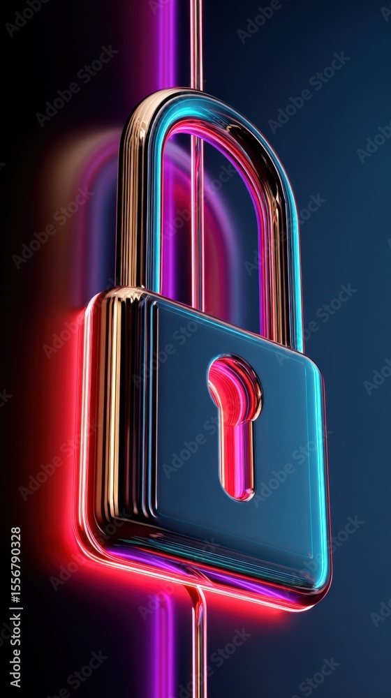Poster vibrant neon colored padlock with glowing light effects symbolizing security privacy and digital pro