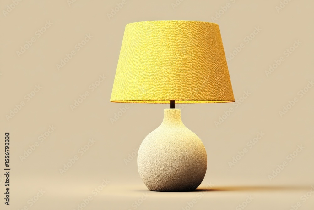 Poster elegant modern table lamp with soft yellow lampshade and textured ceramic base in minimalist contemp