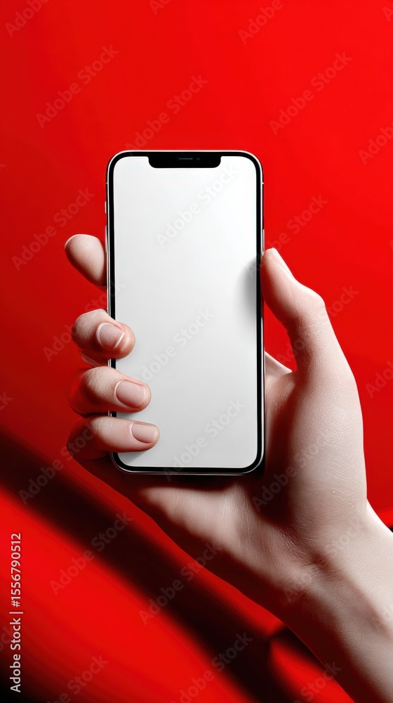 Poster modern hand holding a smartphone with blank screen against vibrant red fabric background ready for a